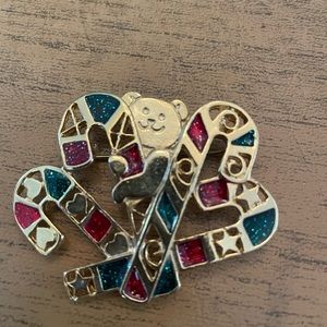 Vintage New Pro Christmas Teddy Bear With Candy Canes Pin/Brooche 2”x2”.